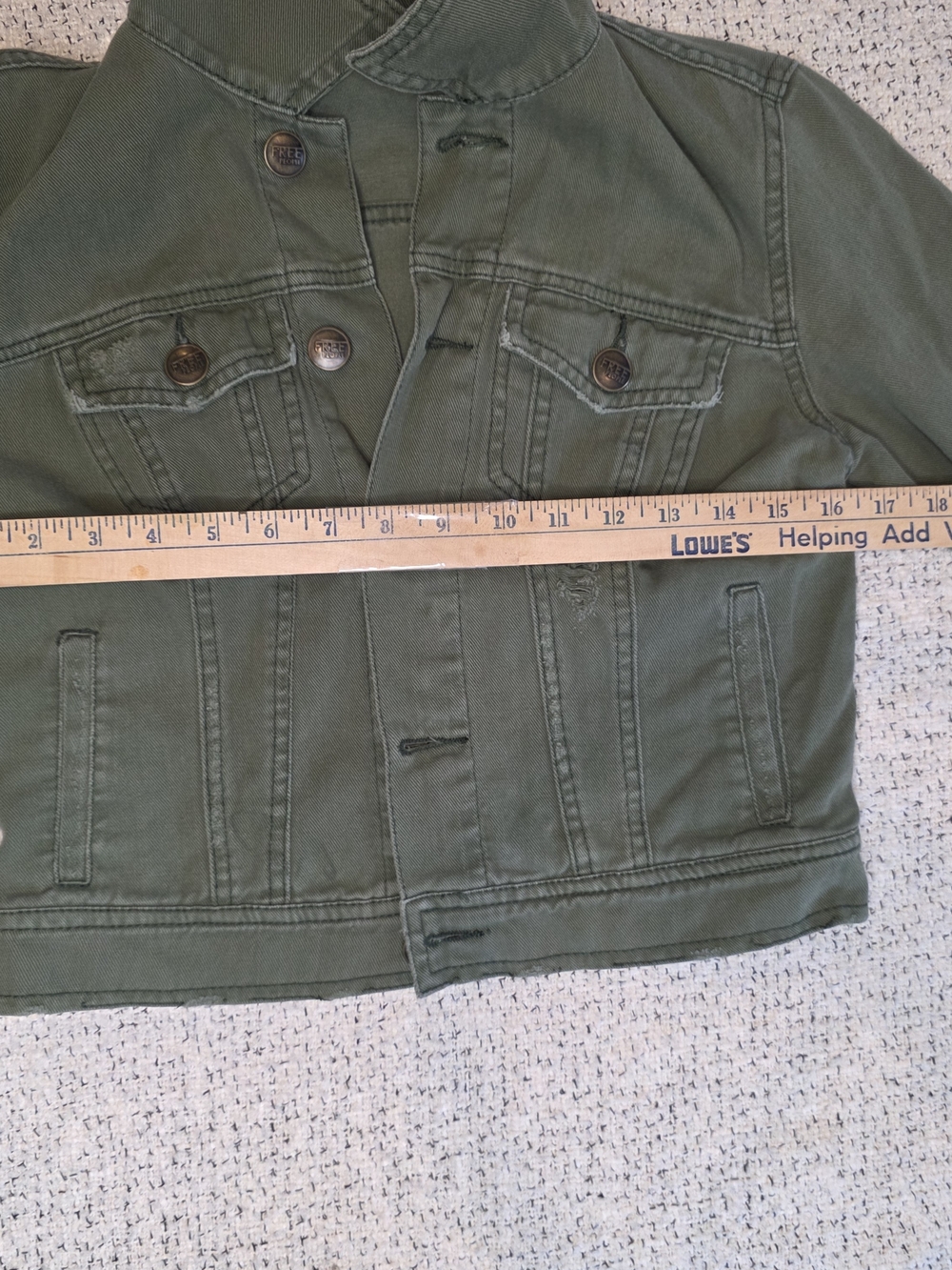Free People Olive Green Distressed Denim Jacket Utility Trucker Boho - Picture 5 of 11